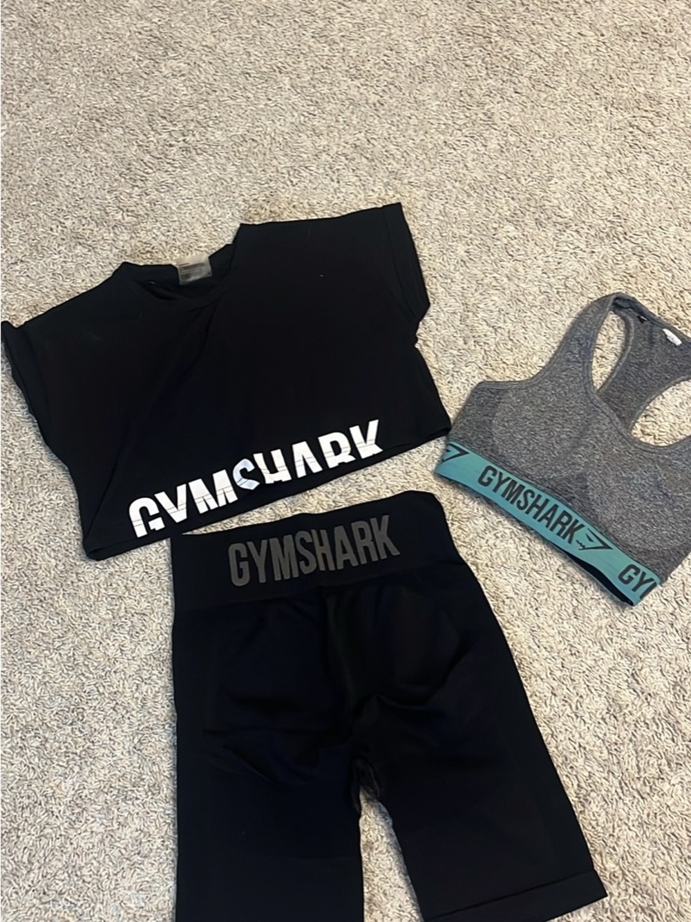 Gymshark Black Crop Tee & Biker Shorts with Gray Teal Logo Sports Bra